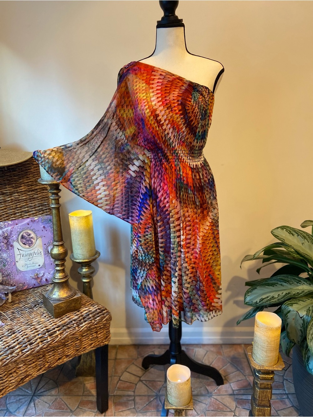 Muse Multicolor One-Shoulder Pleated Dress in Orange & Purple